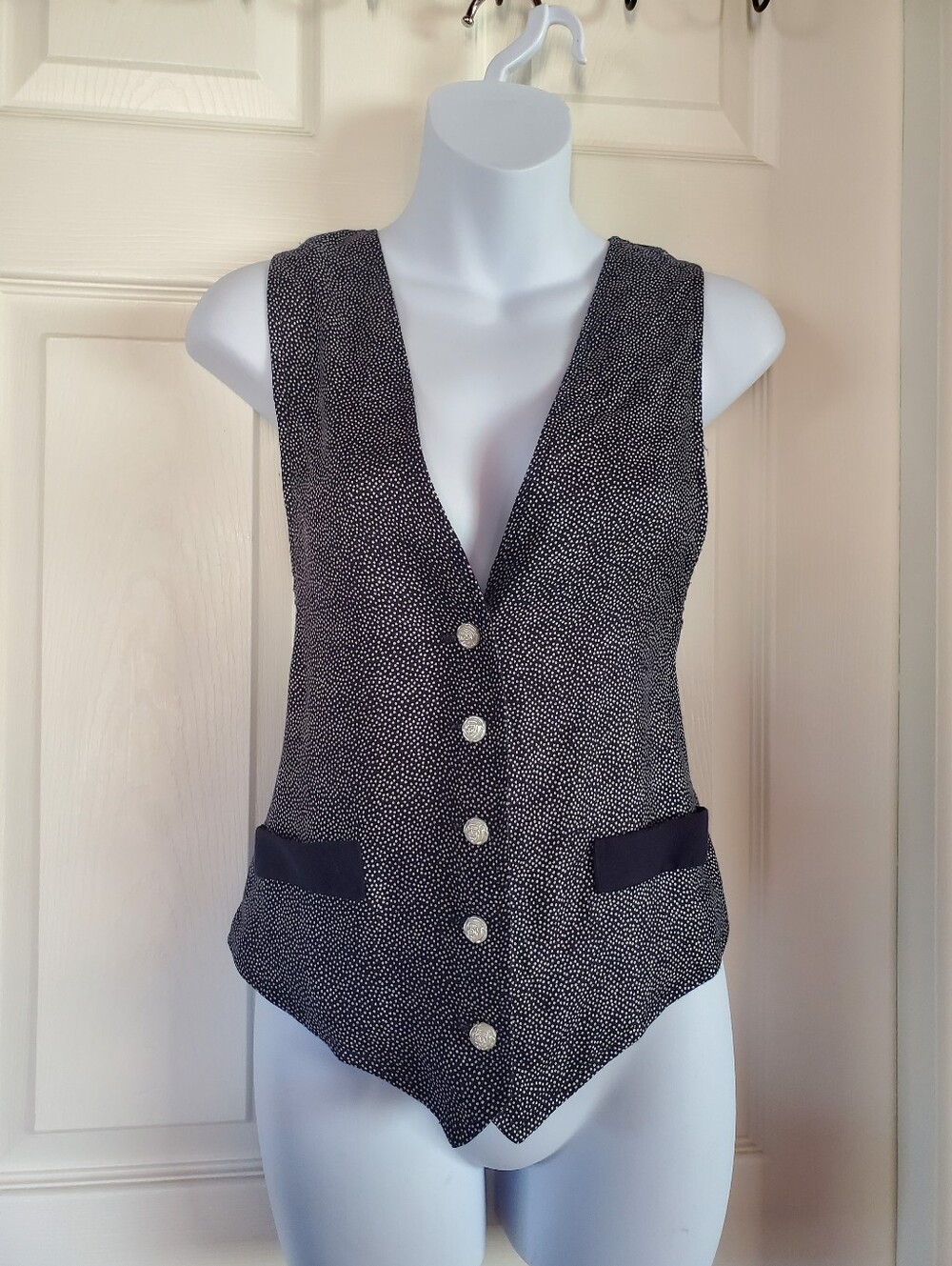 Vintage Black White Speckled Tapestry Rose Button Front Vest Preppy Y2K Medium